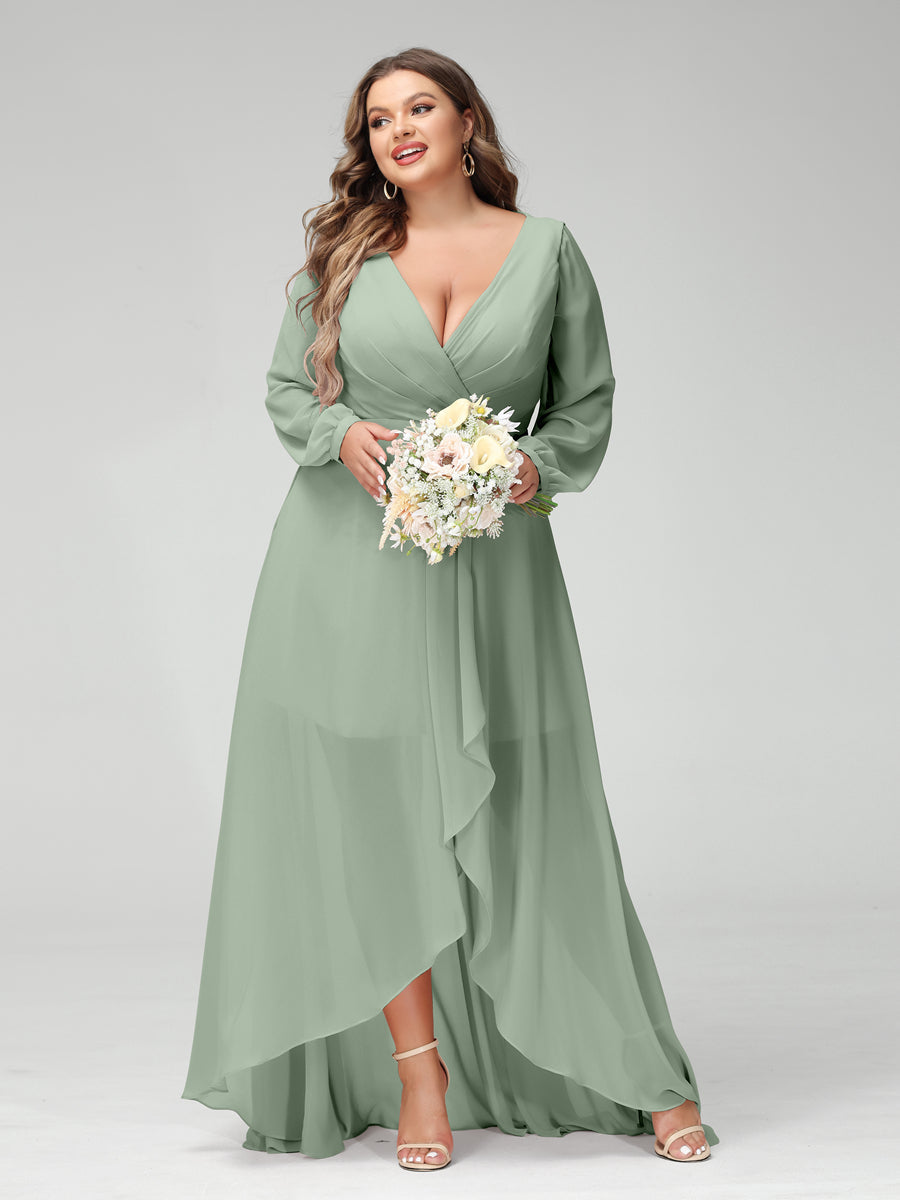 A-Line/Princess V-Neck Long Sleeves Chiffon Ruched Asymmetrical Plus Size Bridesmaid Dresses with Pockets - 画像 (9)