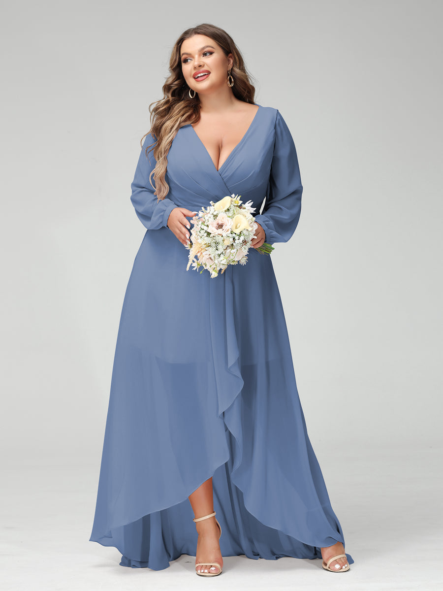 A-Line/Princess V-Neck Long Sleeves Chiffon Ruched Asymmetrical Plus Size Bridesmaid Dresses with Pockets - 画像 (50)