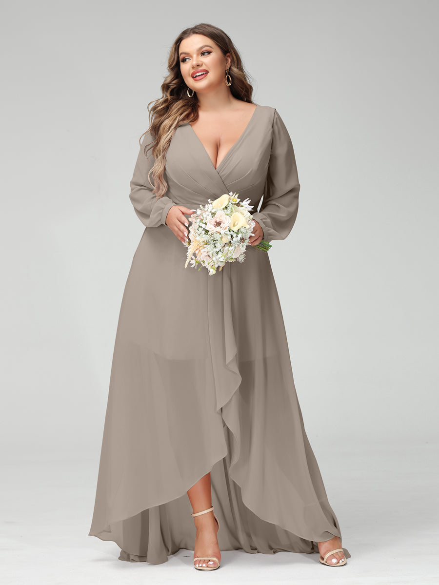 A-Line/Princess V-Neck Long Sleeves Chiffon Ruched Asymmetrical Plus Size Bridesmaid Dresses with Pockets - 画像 (72)