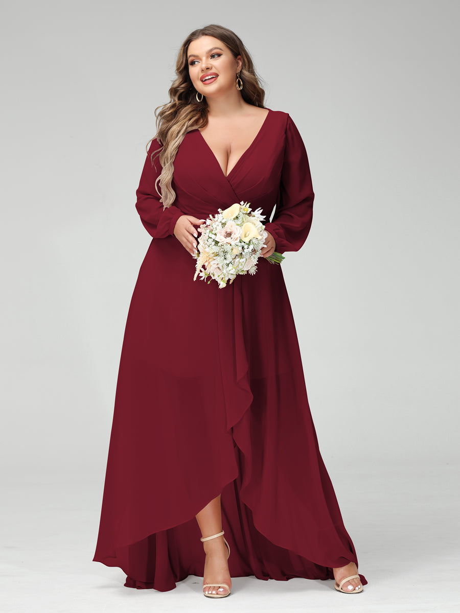 A-Line/Princess V-Neck Long Sleeves Chiffon Ruched Asymmetrical Plus Size Bridesmaid Dresses with Pockets - 画像 (36)