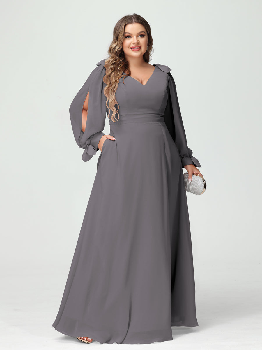 A-Line/Princess V-Neck Long Sleeves Chiffon Split Side Plus Size Bridesmaid Dresses with Pockets - 이미지 73