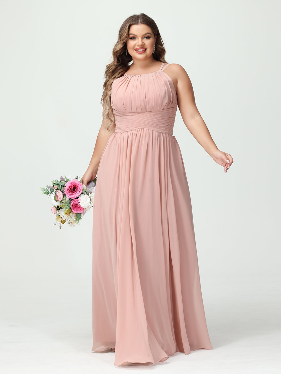 A-Line/Princess Spaghetti Straps Sleeveless Chiffon Ruched Plus Size Bridesmaid Dresses with Pockets - Image 3