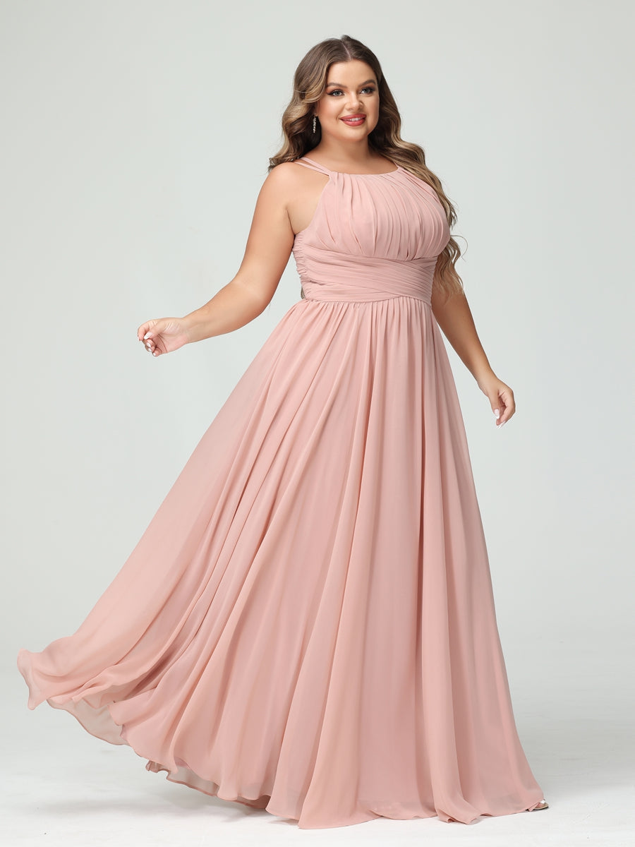 A-Line/Princess Spaghetti Straps Sleeveless Chiffon Ruched Plus Size Bridesmaid Dresses with Pockets - Image 4
