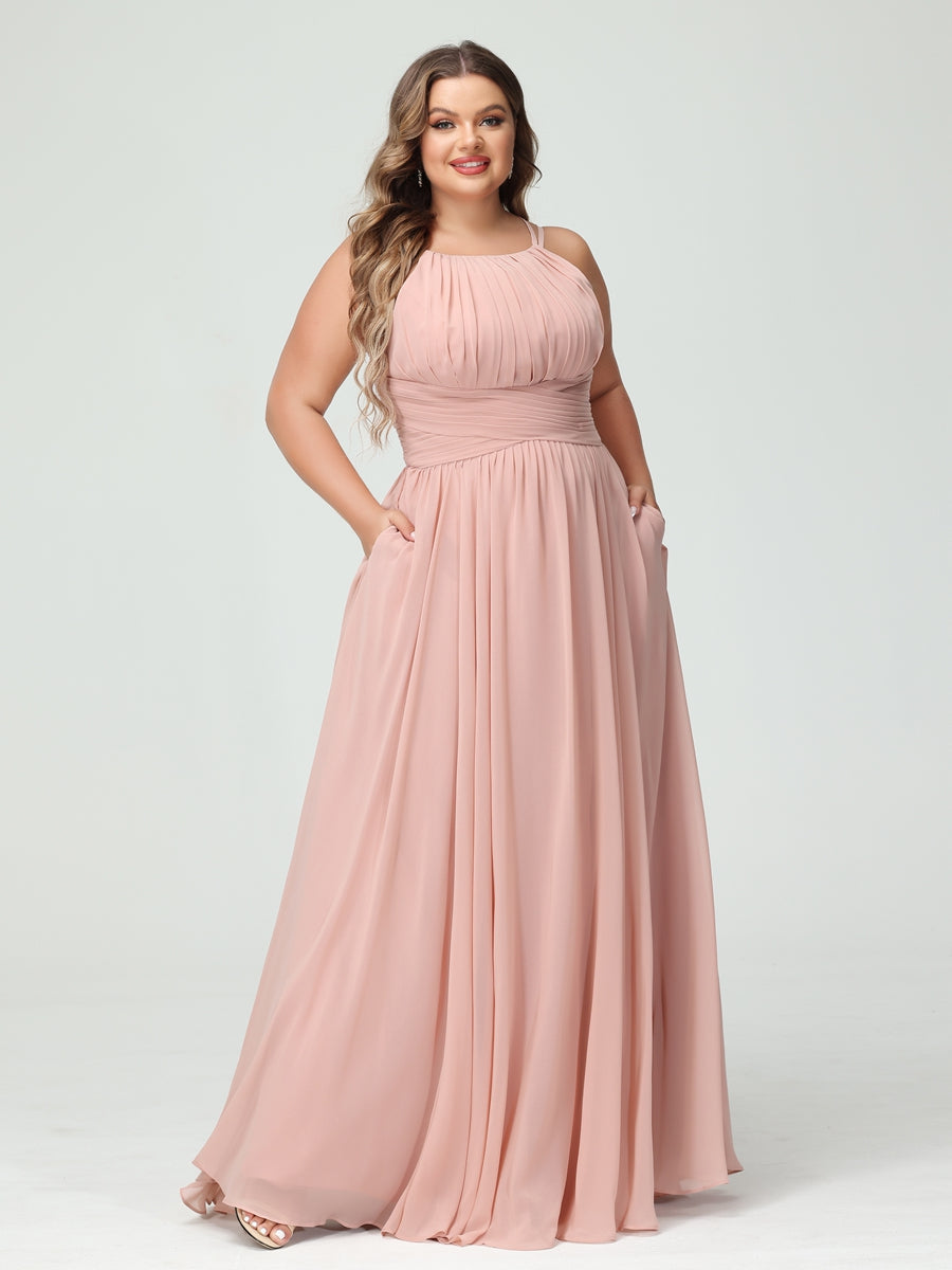 A-Line/Princess Spaghetti Straps Sleeveless Chiffon Ruched Plus Size Bridesmaid Dresses with Pockets - Image 5