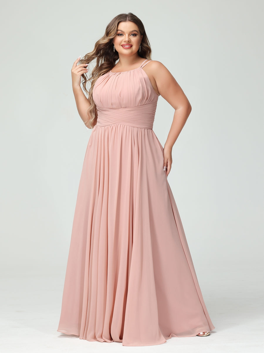 A-Line/Princess Spaghetti Straps Sleeveless Chiffon Ruched Plus Size Bridesmaid Dresses with Pockets - Image 6