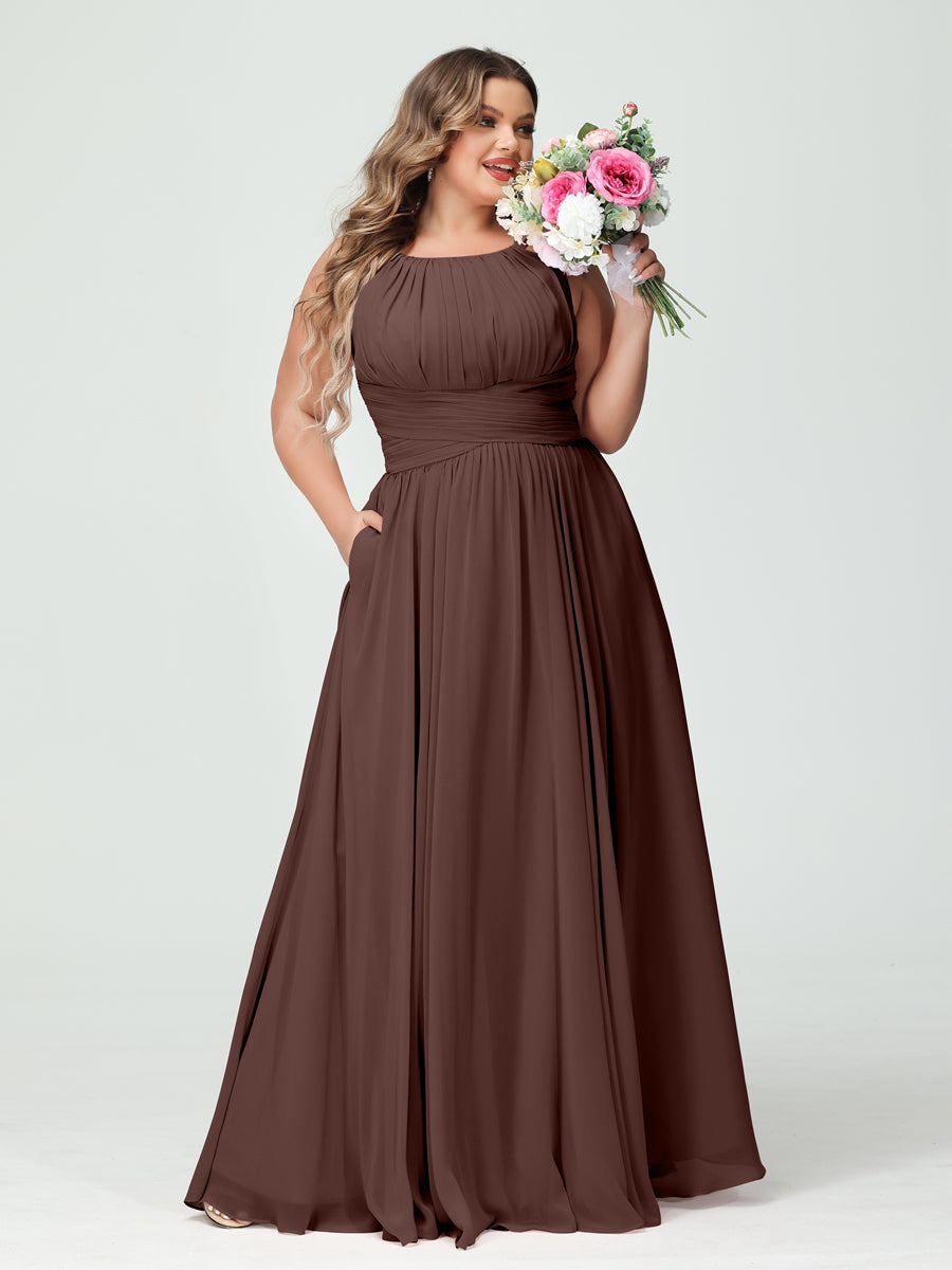 A-Line/Princess Spaghetti Straps Sleeveless Chiffon Ruched Plus Size Bridesmaid Dresses with Pockets - Image 76