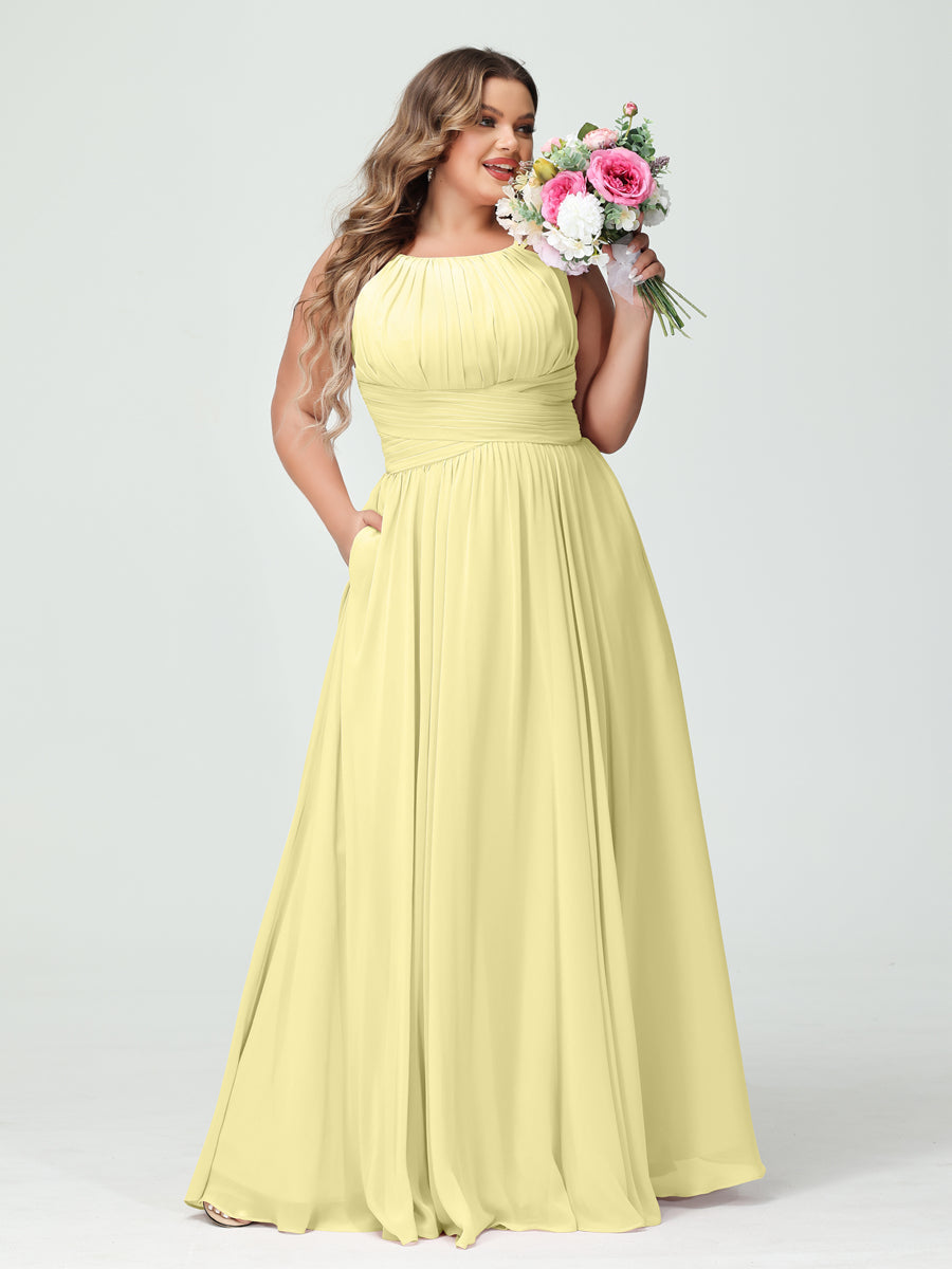 A-Line/Princess Spaghetti Straps Sleeveless Chiffon Ruched Plus Size Bridesmaid Dresses with Pockets - Image 69