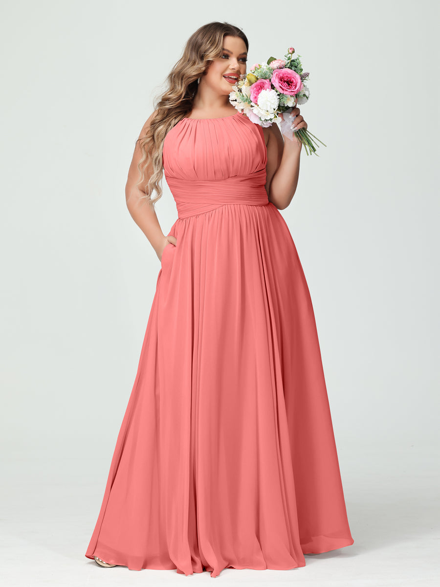 A-Line/Princess Spaghetti Straps Sleeveless Chiffon Ruched Plus Size Bridesmaid Dresses with Pockets - Image 32