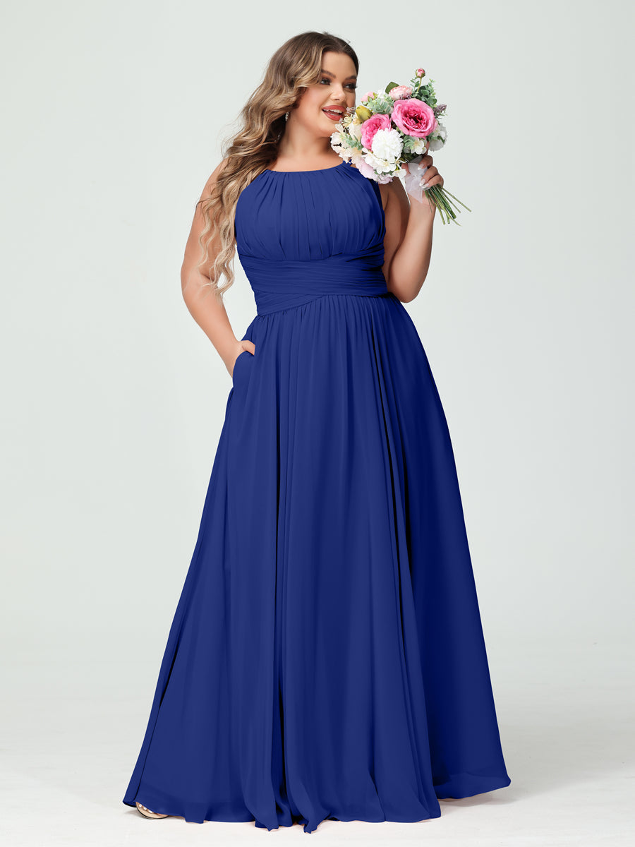 A-Line/Princess Spaghetti Straps Sleeveless Chiffon Ruched Plus Size Bridesmaid Dresses with Pockets - Image 56