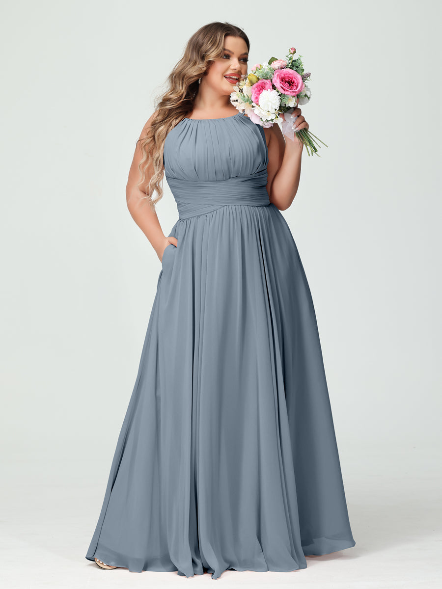 A-Line/Princess Spaghetti Straps Sleeveless Chiffon Ruched Plus Size Bridesmaid Dresses with Pockets - Image 8