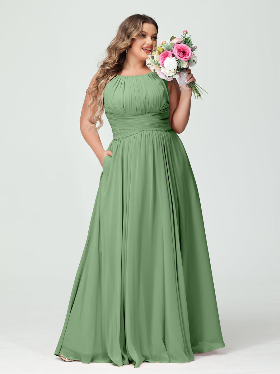 A-Line/Princess Spaghetti Straps Sleeveless Chiffon Ruched Plus Size Bridesmaid Dresses with Pockets - Image 16