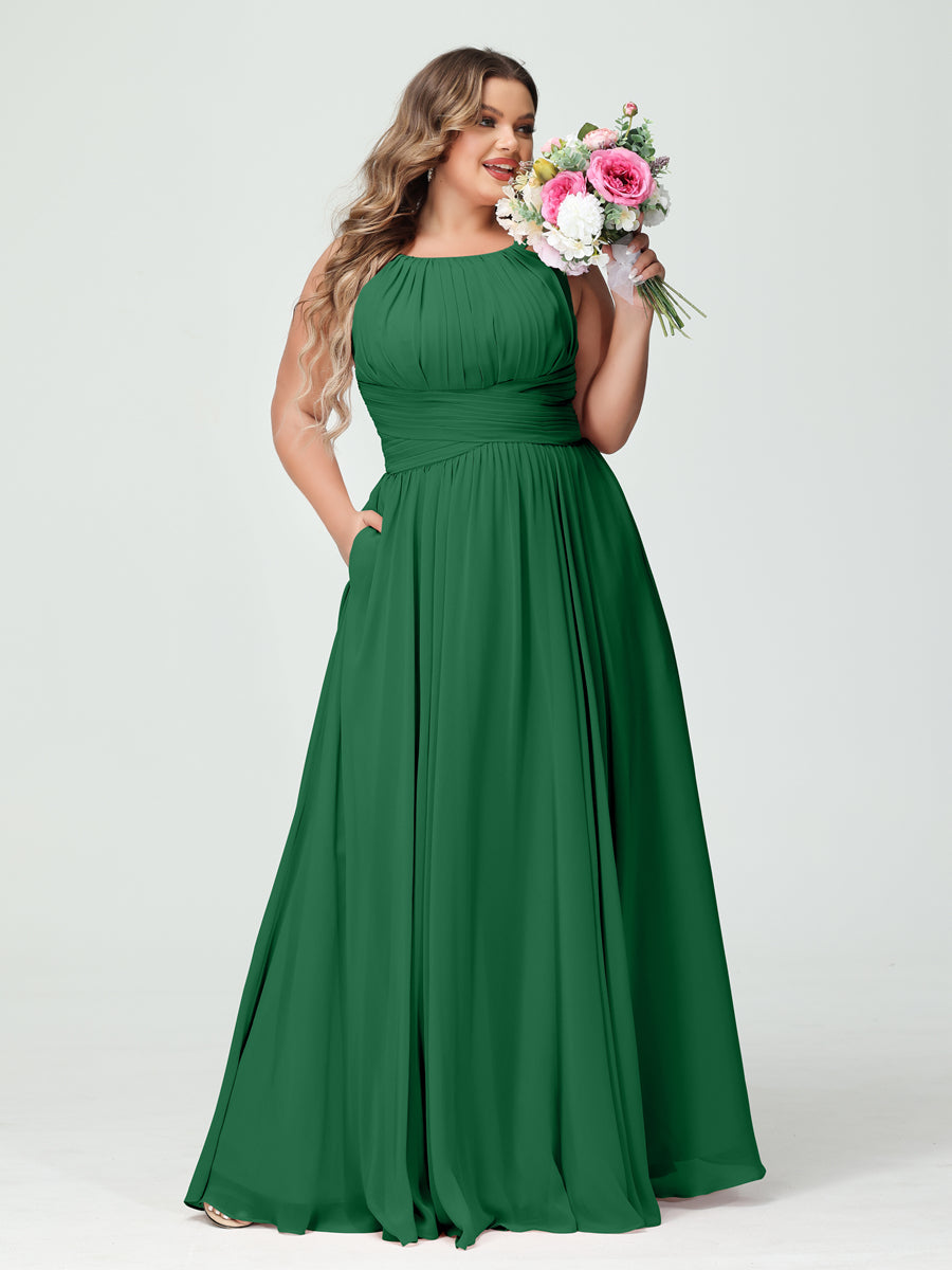 A-Line/Princess Spaghetti Straps Sleeveless Chiffon Ruched Plus Size Bridesmaid Dresses with Pockets - Image 67