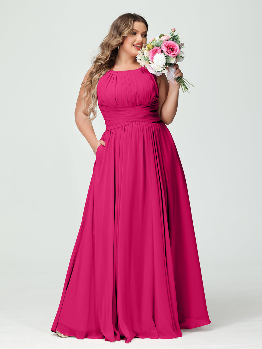 A-Line/Princess Spaghetti Straps Sleeveless Chiffon Ruched Plus Size Bridesmaid Dresses with Pockets - Image 34