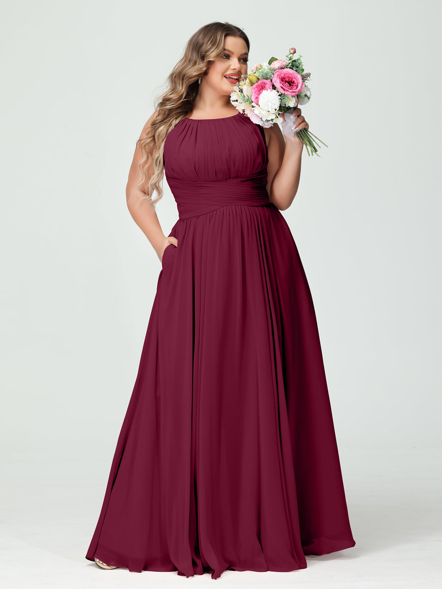 A-Line/Princess Spaghetti Straps Sleeveless Chiffon Ruched Plus Size Bridesmaid Dresses with Pockets - Image 38