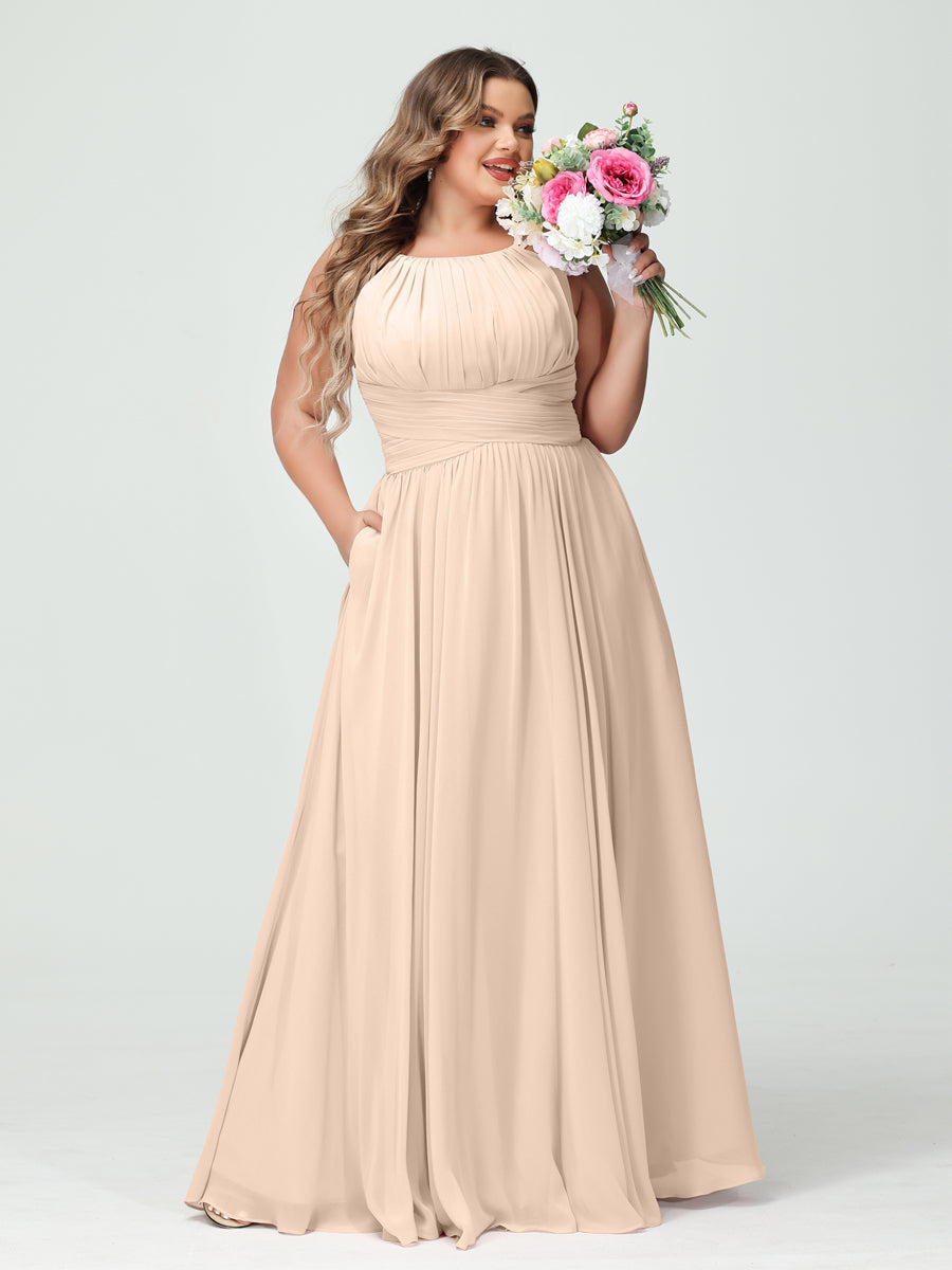 A-Line/Princess Spaghetti Straps Sleeveless Chiffon Ruched Plus Size Bridesmaid Dresses with Pockets - Image 23