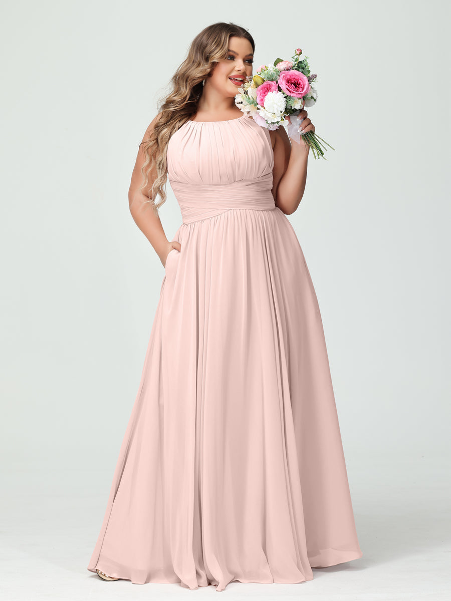 A-Line/Princess Spaghetti Straps Sleeveless Chiffon Ruched Plus Size Bridesmaid Dresses with Pockets - Image 27