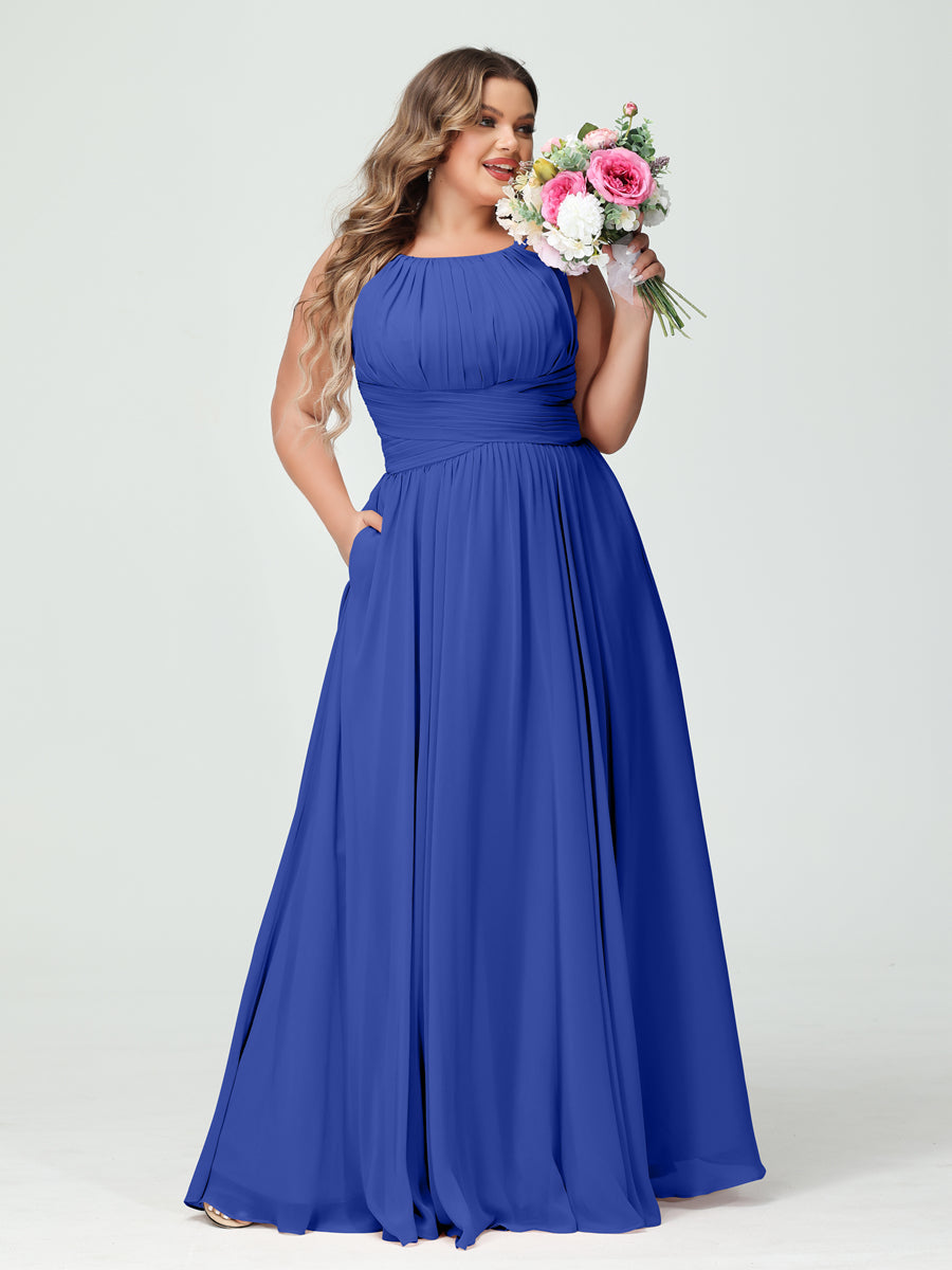 A-Line/Princess Spaghetti Straps Sleeveless Chiffon Ruched Plus Size Bridesmaid Dresses with Pockets - Image 54