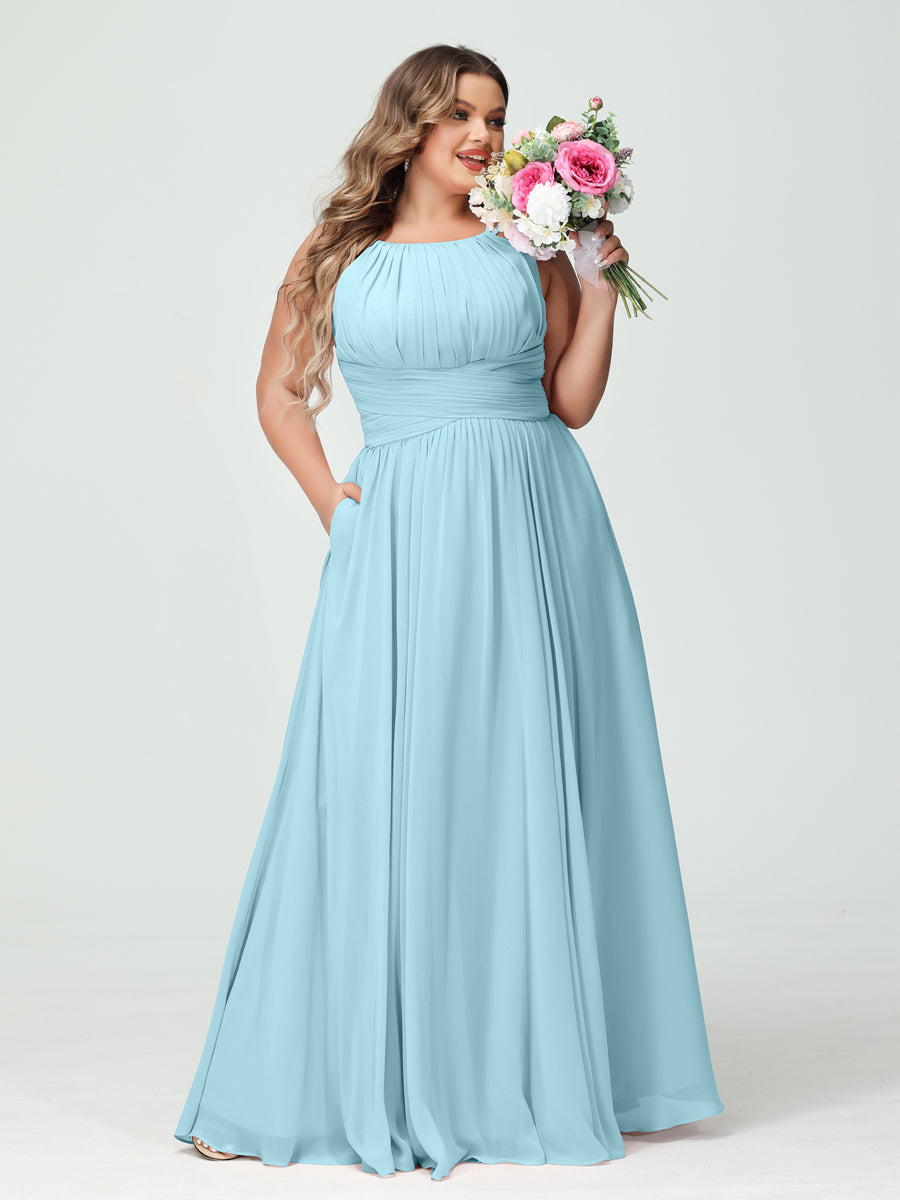 A-Line/Princess Spaghetti Straps Sleeveless Chiffon Ruched Plus Size Bridesmaid Dresses with Pockets - Image 49
