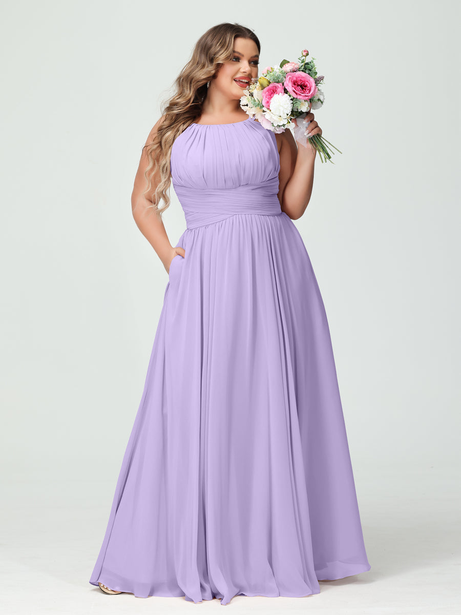 A-Line/Princess Spaghetti Straps Sleeveless Chiffon Ruched Plus Size Bridesmaid Dresses with Pockets - Image 14