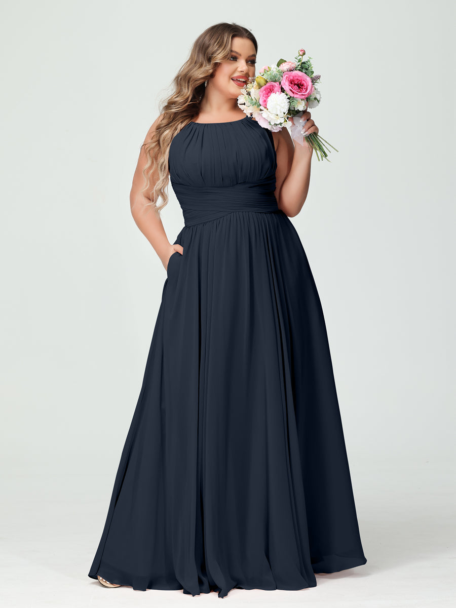 A-Line/Princess Spaghetti Straps Sleeveless Chiffon Ruched Plus Size Bridesmaid Dresses with Pockets - Image 59