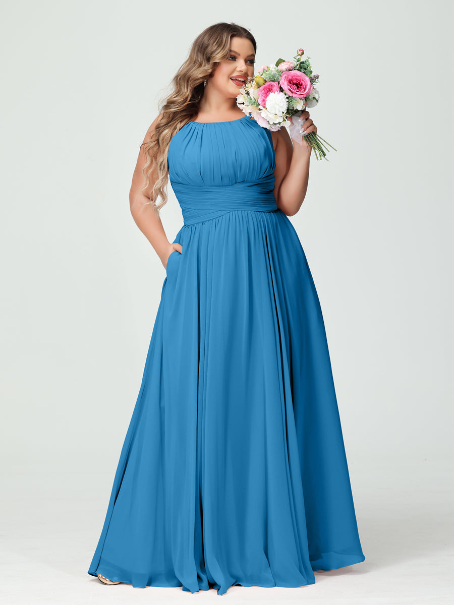 A-Line/Princess Spaghetti Straps Sleeveless Chiffon Ruched Plus Size Bridesmaid Dresses with Pockets - Image 53