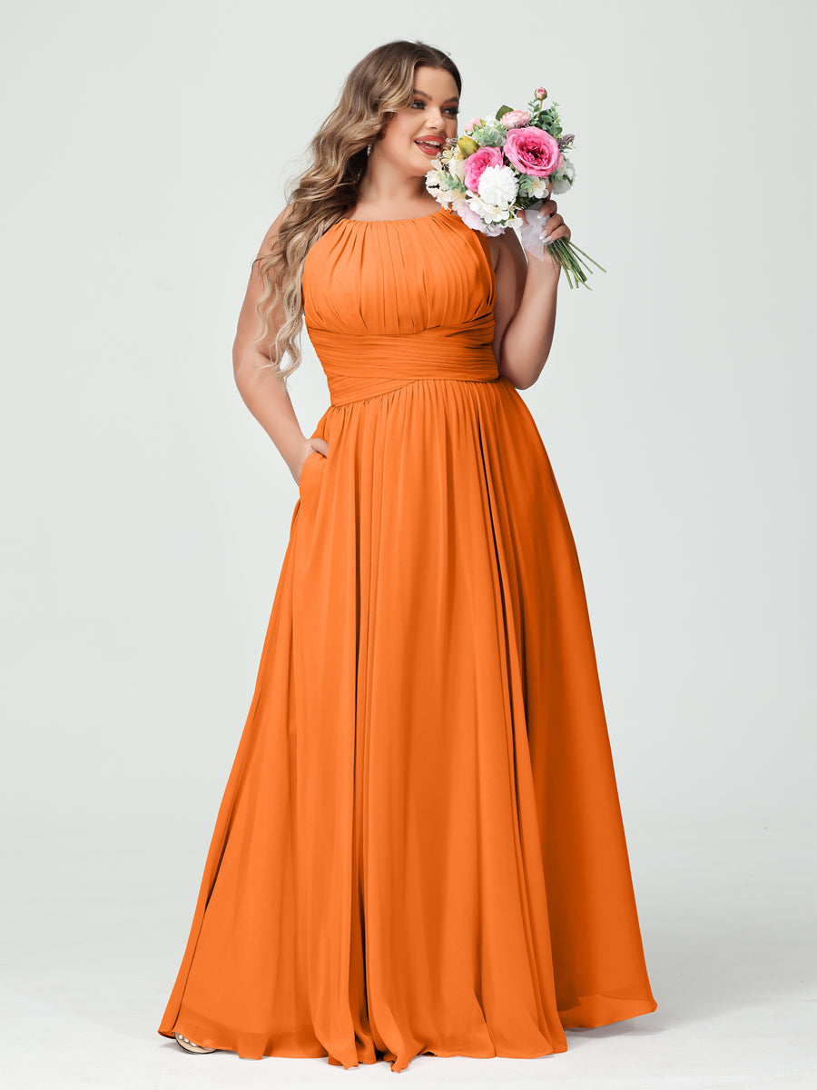 A-Line/Princess Spaghetti Straps Sleeveless Chiffon Ruched Plus Size Bridesmaid Dresses with Pockets - Image 72