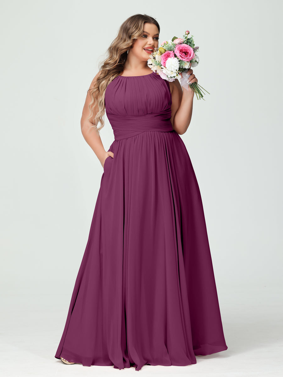 A-Line/Princess Spaghetti Straps Sleeveless Chiffon Ruched Plus Size Bridesmaid Dresses with Pockets - Image 44