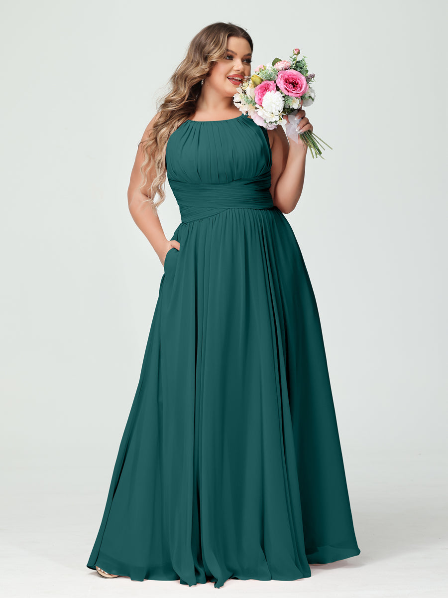 A-Line/Princess Spaghetti Straps Sleeveless Chiffon Ruched Plus Size Bridesmaid Dresses with Pockets - Image 66