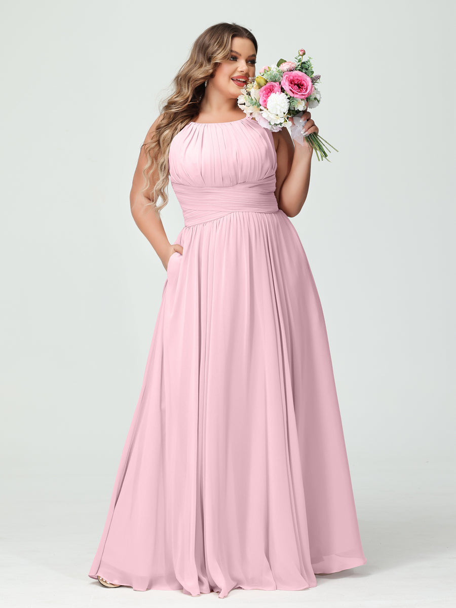 A-Line/Princess Spaghetti Straps Sleeveless Chiffon Ruched Plus Size Bridesmaid Dresses with Pockets - Image 25