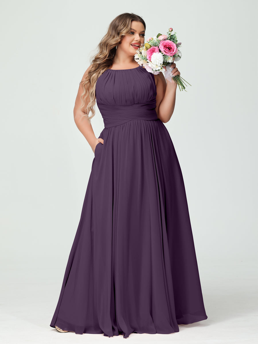 A-Line/Princess Spaghetti Straps Sleeveless Chiffon Ruched Plus Size Bridesmaid Dresses with Pockets - Image 46