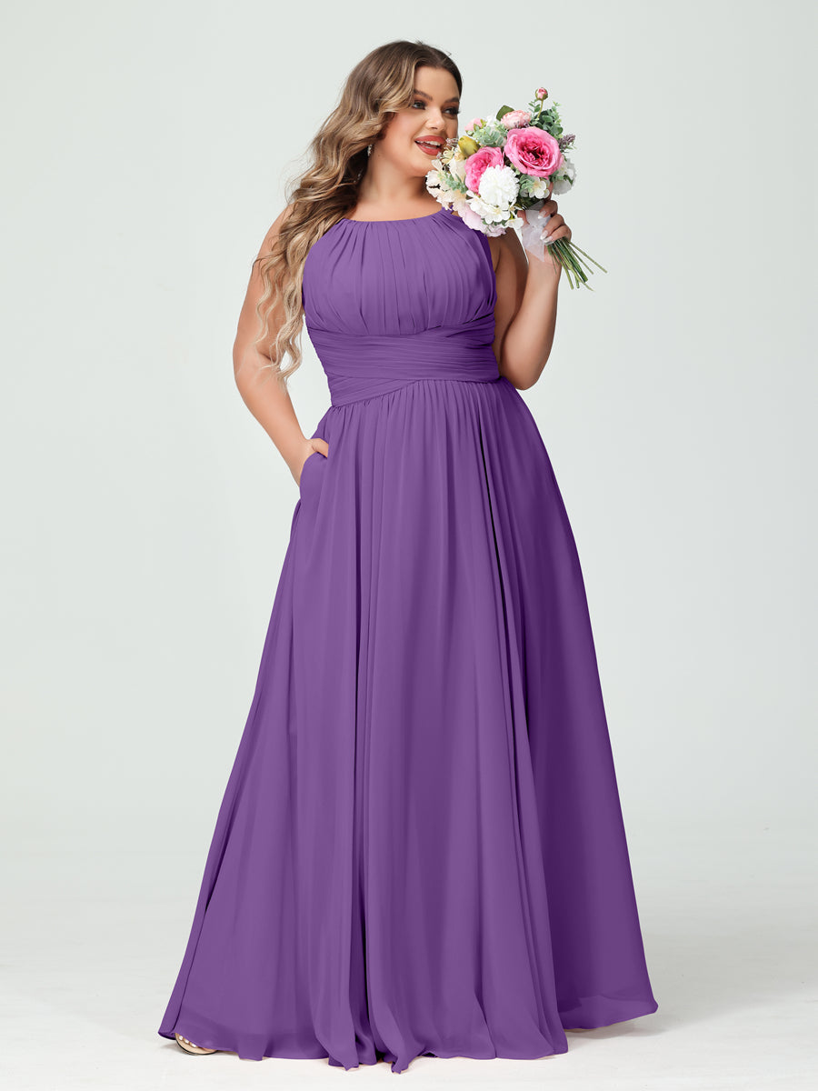 A-Line/Princess Spaghetti Straps Sleeveless Chiffon Ruched Plus Size Bridesmaid Dresses with Pockets - Image 42