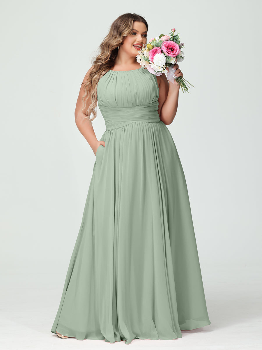 A-Line/Princess Spaghetti Straps Sleeveless Chiffon Ruched Plus Size Bridesmaid Dresses with Pockets - Image 10