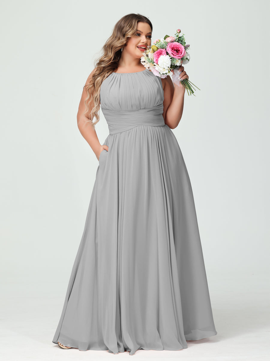 A-Line/Princess Spaghetti Straps Sleeveless Chiffon Ruched Plus Size Bridesmaid Dresses with Pockets - Image 22