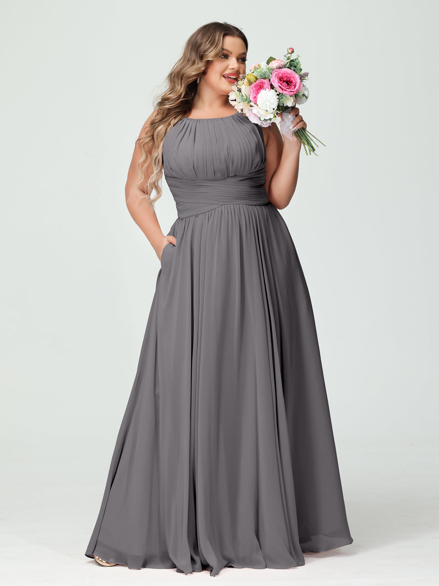 A-Line/Princess Spaghetti Straps Sleeveless Chiffon Ruched Plus Size Bridesmaid Dresses with Pockets - Image 74