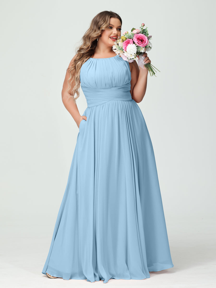 A-Line/Princess Spaghetti Straps Sleeveless Chiffon Ruched Plus Size Bridesmaid Dresses with Pockets - Image 50