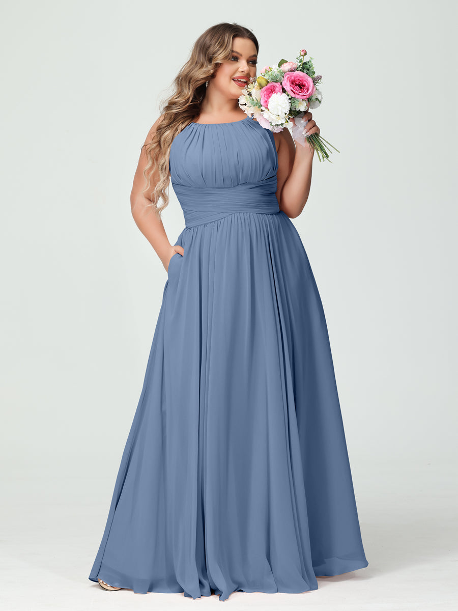 A-Line/Princess Spaghetti Straps Sleeveless Chiffon Ruched Plus Size Bridesmaid Dresses with Pockets - Image 51