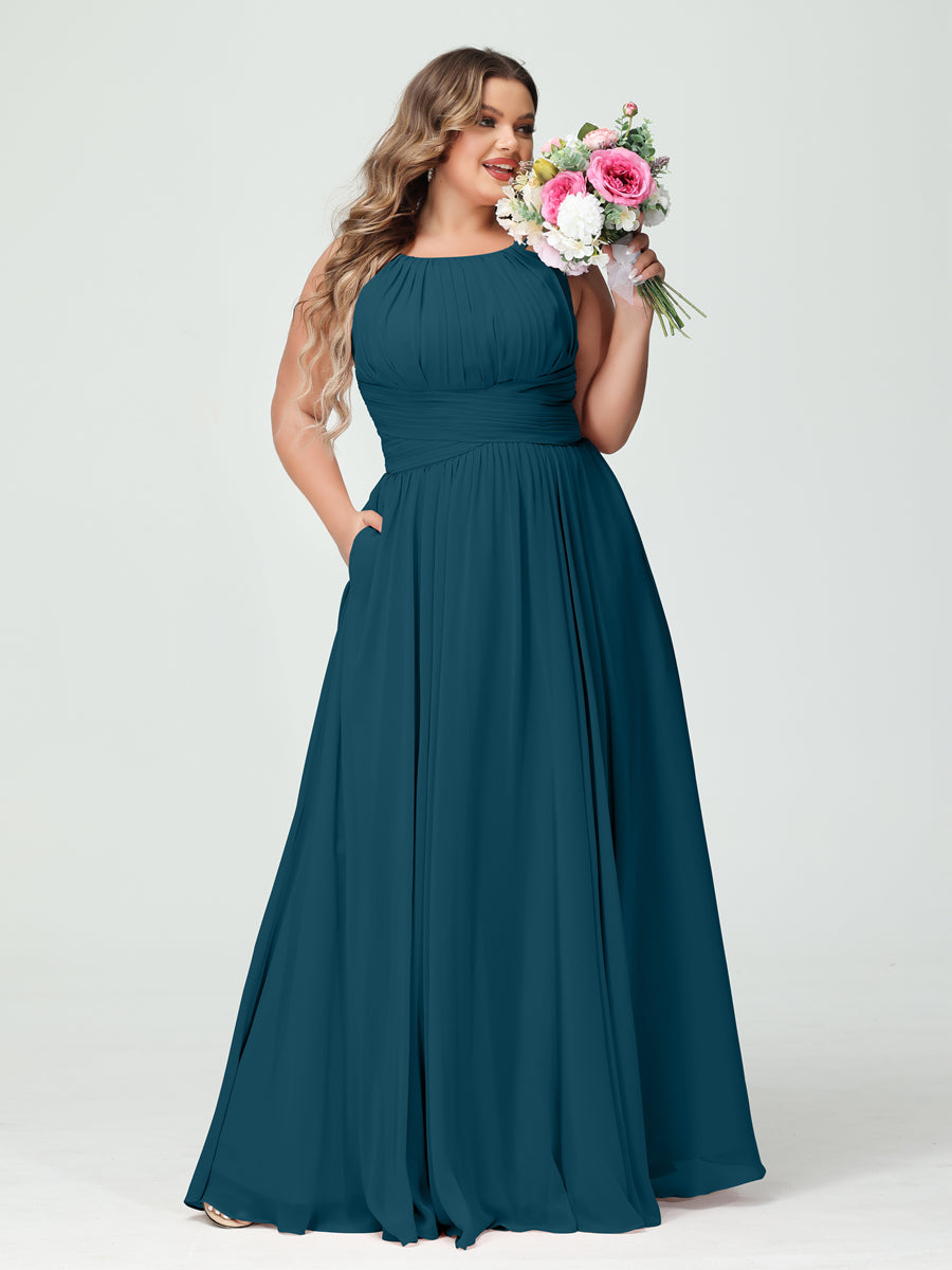 A-Line/Princess Spaghetti Straps Sleeveless Chiffon Ruched Plus Size Bridesmaid Dresses with Pockets - Image 58