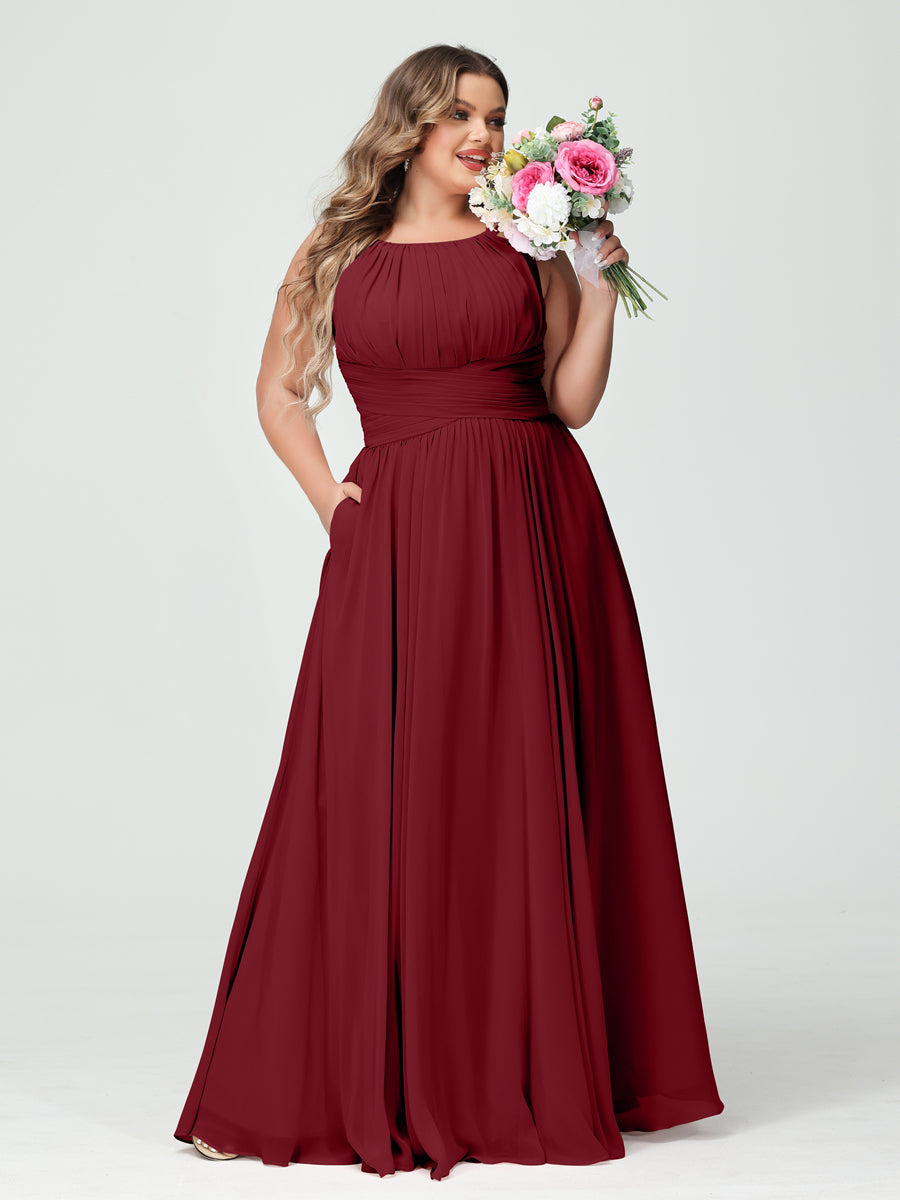 A-Line/Princess Spaghetti Straps Sleeveless Chiffon Ruched Plus Size Bridesmaid Dresses with Pockets - Image 37