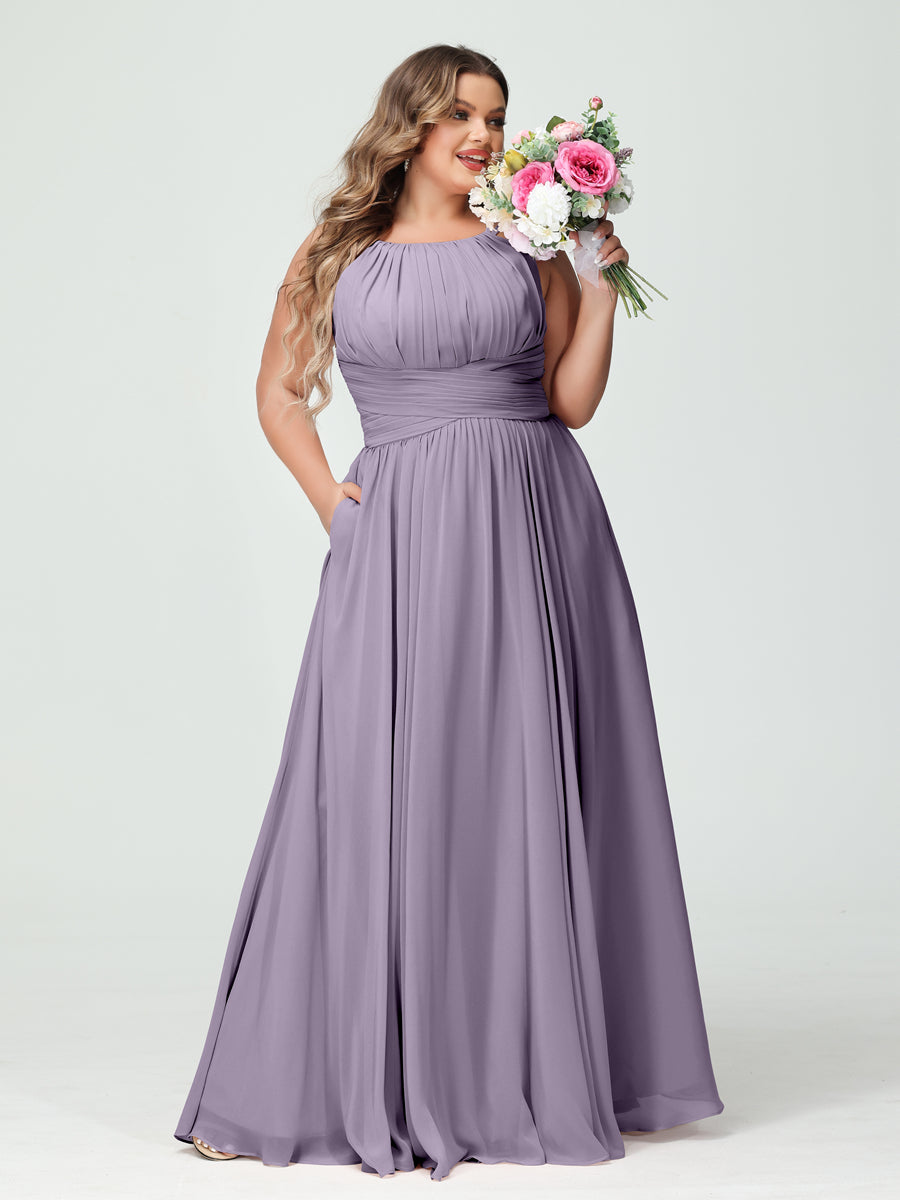 A-Line/Princess Spaghetti Straps Sleeveless Chiffon Ruched Plus Size Bridesmaid Dresses with Pockets - Image 39