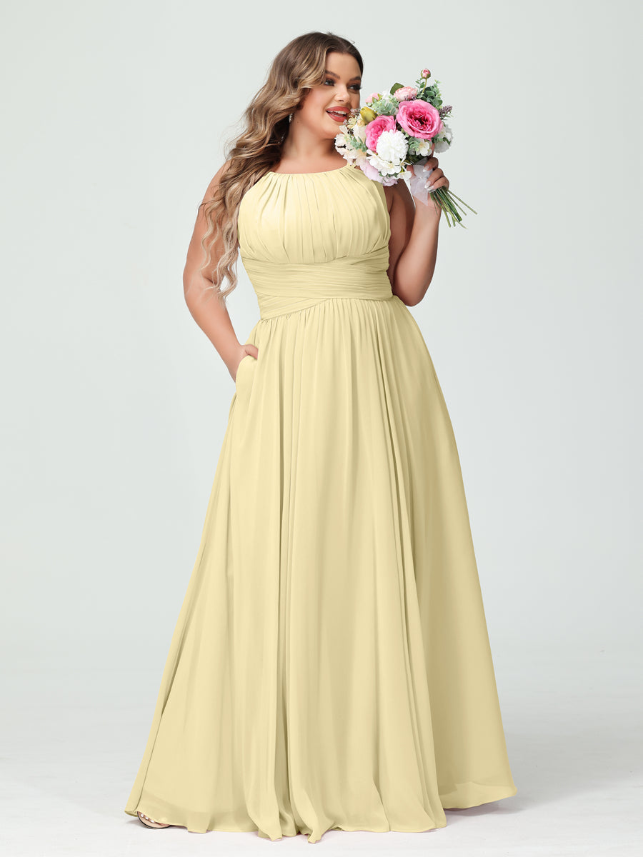 A-Line/Princess Spaghetti Straps Sleeveless Chiffon Ruched Plus Size Bridesmaid Dresses with Pockets - Image 68