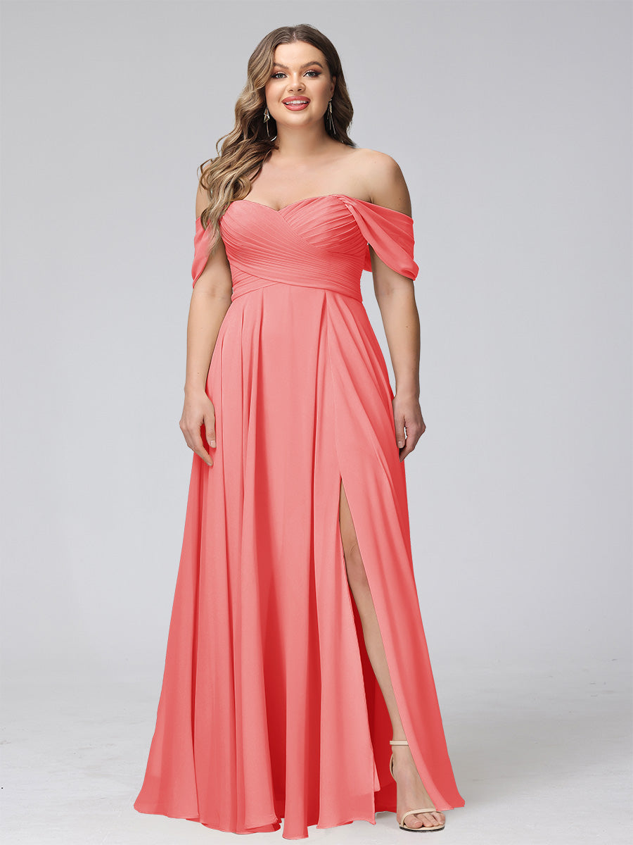 A-Line Off-the-Shoulder Sleeveless Ruched Long Chiffon Plus Size Bridesmaid Dresses with Split Side - 画像 (57)