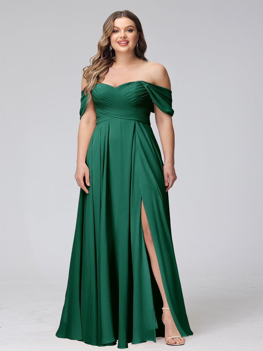 A-Line Off-the-Shoulder Sleeveless Ruched Long Chiffon Plus Size Bridesmaid Dresses with Split Side - 画像 (58)