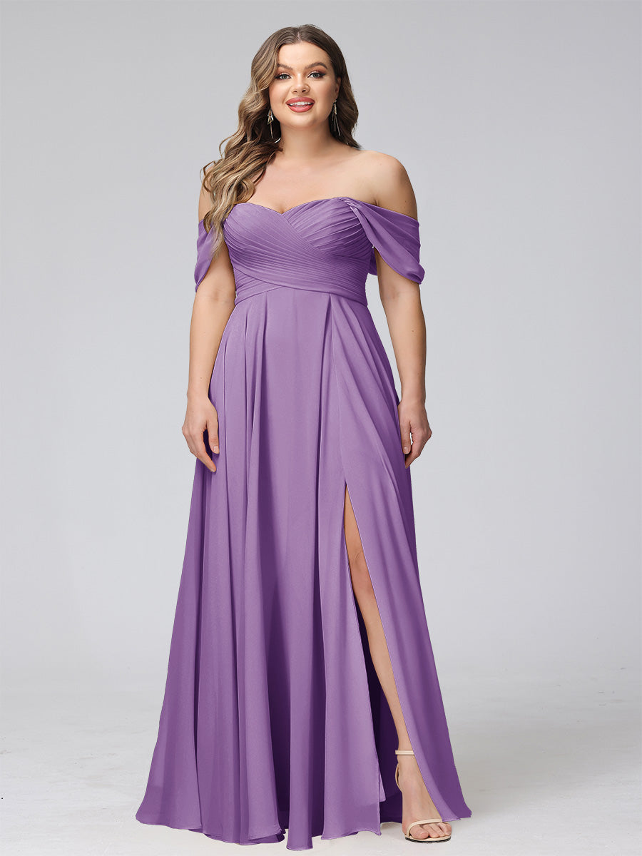 A-Line Off-the-Shoulder Sleeveless Ruched Long Chiffon Plus Size Bridesmaid Dresses with Split Side - 画像 (13)