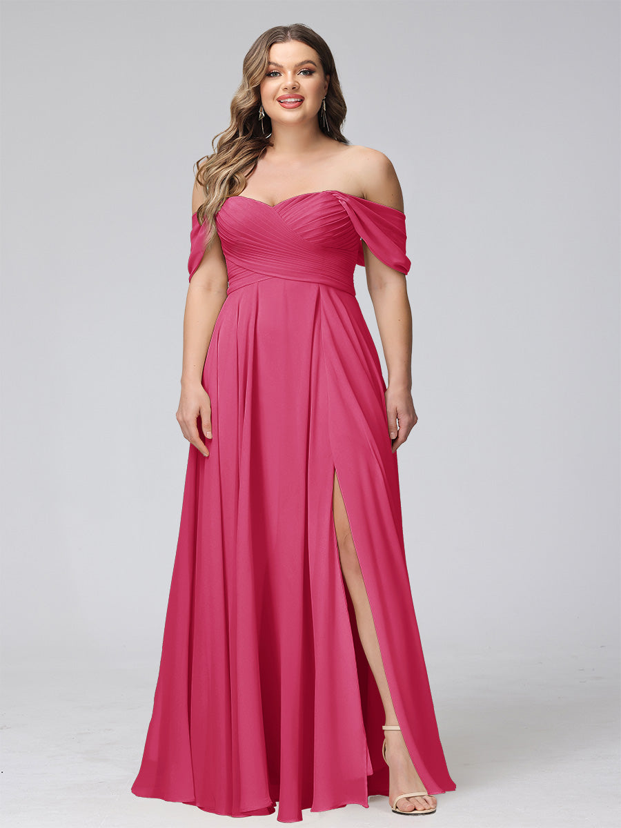 A-Line Off-the-Shoulder Sleeveless Ruched Long Chiffon Plus Size Bridesmaid Dresses with Split Side - 画像 (18)