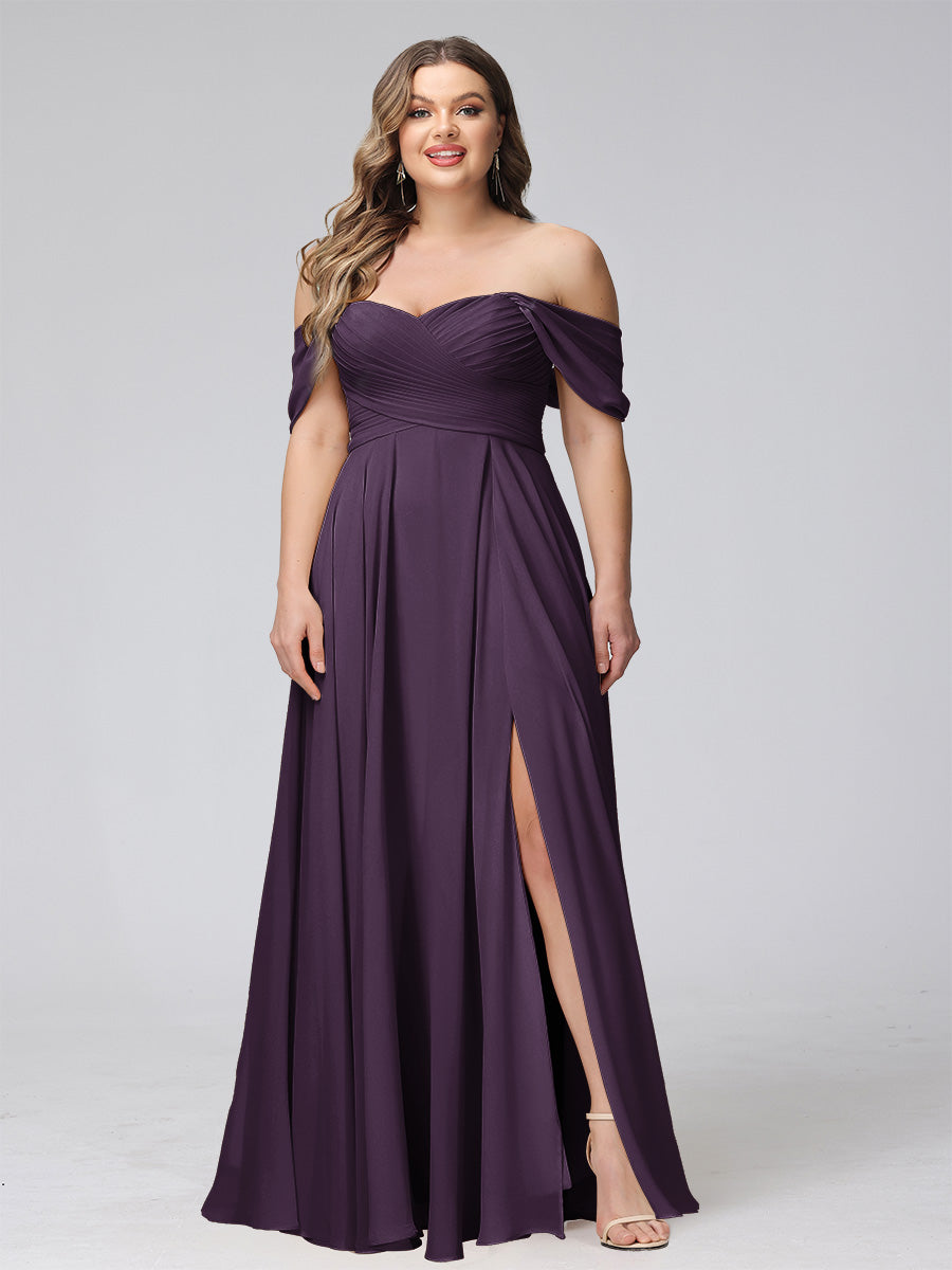 A-Line Off-the-Shoulder Sleeveless Ruched Long Chiffon Plus Size Bridesmaid Dresses with Split Side - 画像 (40)