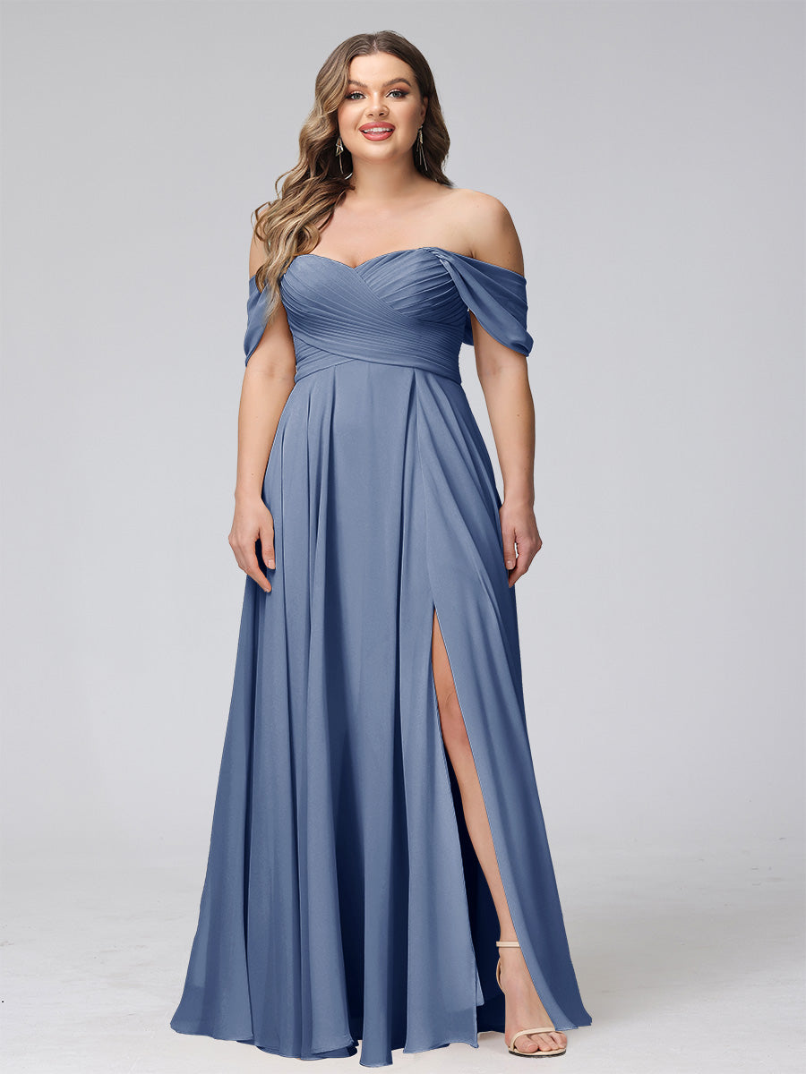 A-Line Off-the-Shoulder Sleeveless Ruched Long Chiffon Plus Size Bridesmaid Dresses with Split Side - 画像 (49)