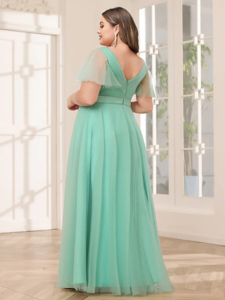 A-Line/Princess Tulle Long Plus Size Bridesmaid Dresses with Sleeves - 이미지 2
