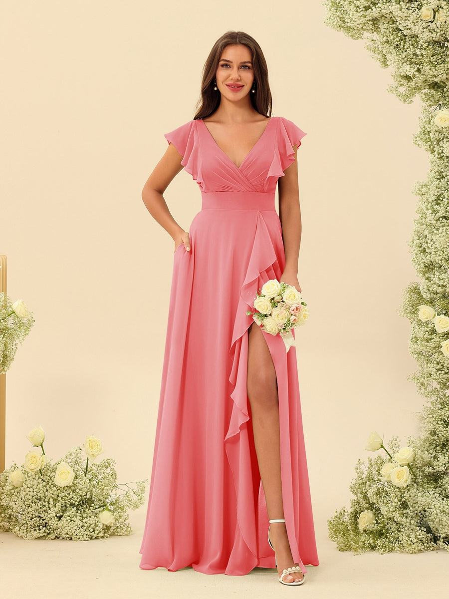A-Line/Princess V-Neck Long Bridesmaid Dresses with Ruffles - 이미지 31