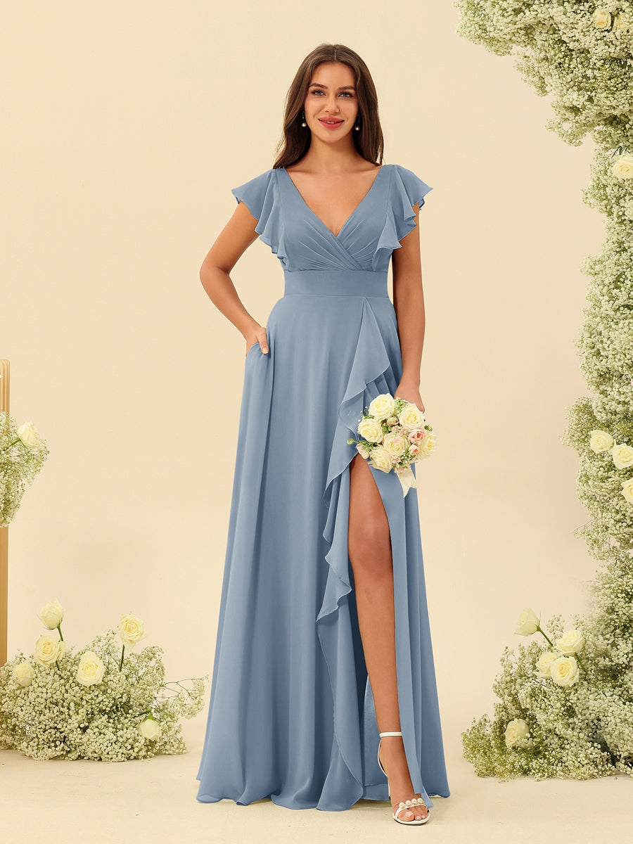 A-Line/Princess V-Neck Long Bridesmaid Dresses with Ruffles - 이미지 8