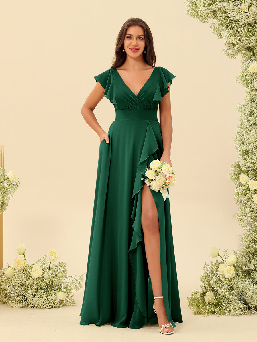 A-Line/Princess V-Neck Long Bridesmaid Dresses with Ruffles - 이미지 66